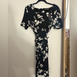 Belted Floral Black and White Dress